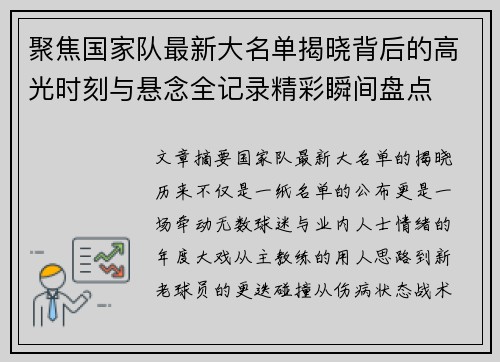 聚焦国家队最新大名单揭晓背后的高光时刻与悬念全记录精彩瞬间盘点 聚焦国家队最新大名单揭晓背后的高光时刻与悬念全记录精彩瞬间盘点